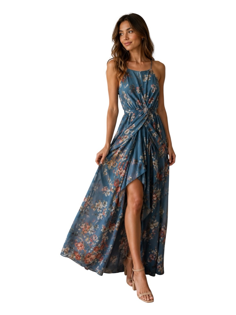 Sweet Storm Teal Blue Floral High-Low Twist Maxi Dress, Size S‎